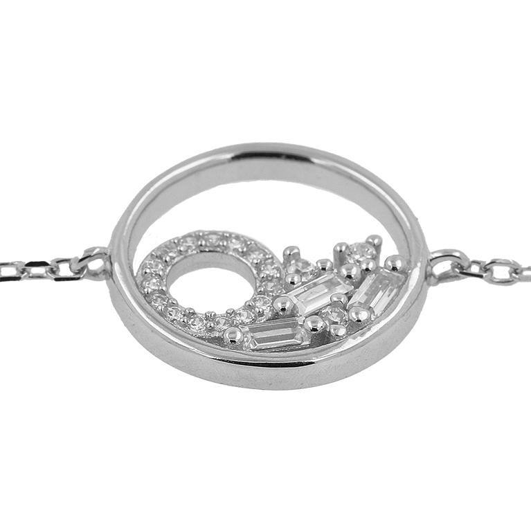 Silver Bracelet with a Circle in the Center and Zirconium