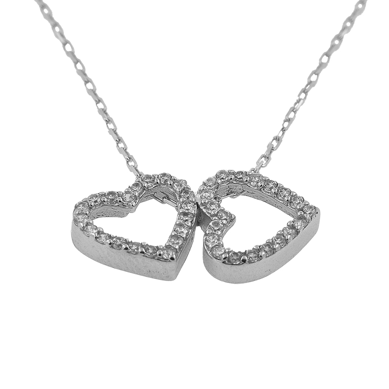 Silver Chain with Two Hearts Pendant and Zirconium