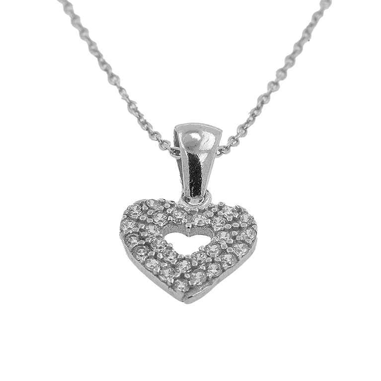 Silver Chain with Heart Pendant and Zirconium