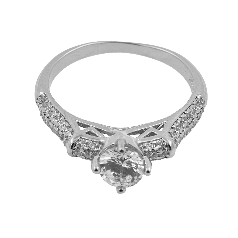 Silver Ring with a Large Rhombus Cubic Zirconia Stone Insert and Many Small Stones Around It and on the Bezel