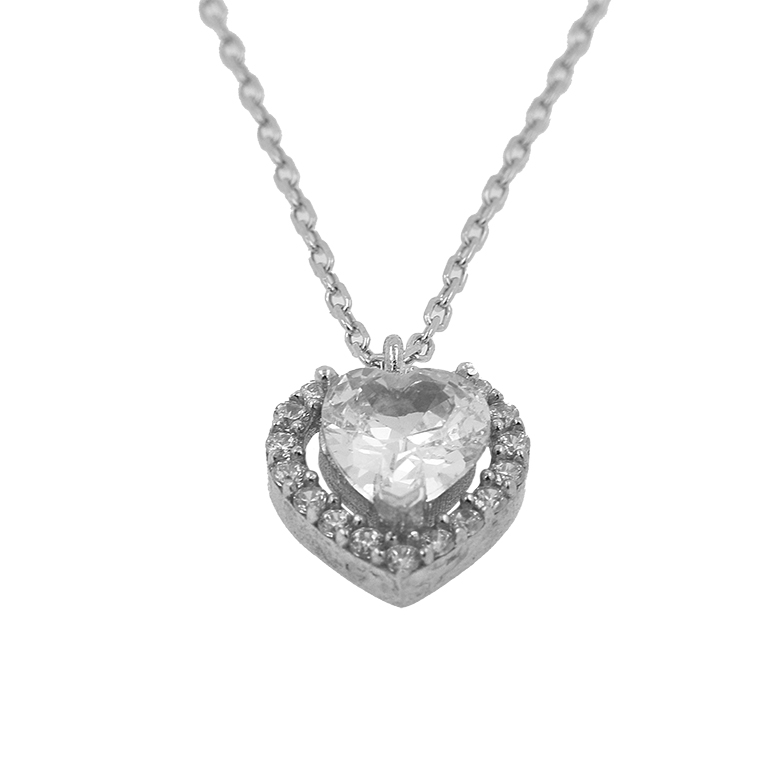 Silver Chain with Heart Pendant and Zirconium