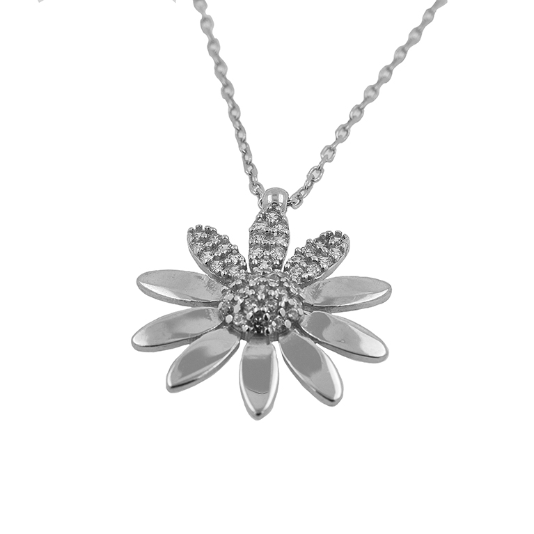 Silver Chain with Flower Pendant and Zirconium