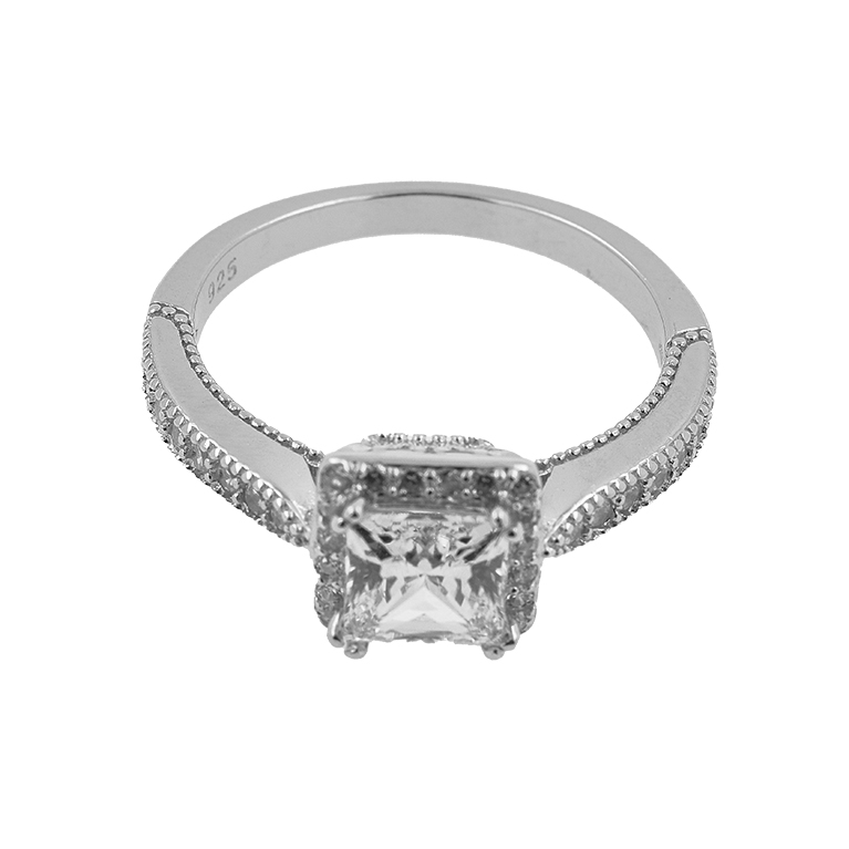 Ring of Silver with a Large Cubic Zirconia Stone Insert in the Shape of a Square and Many Small Stones on the Ring