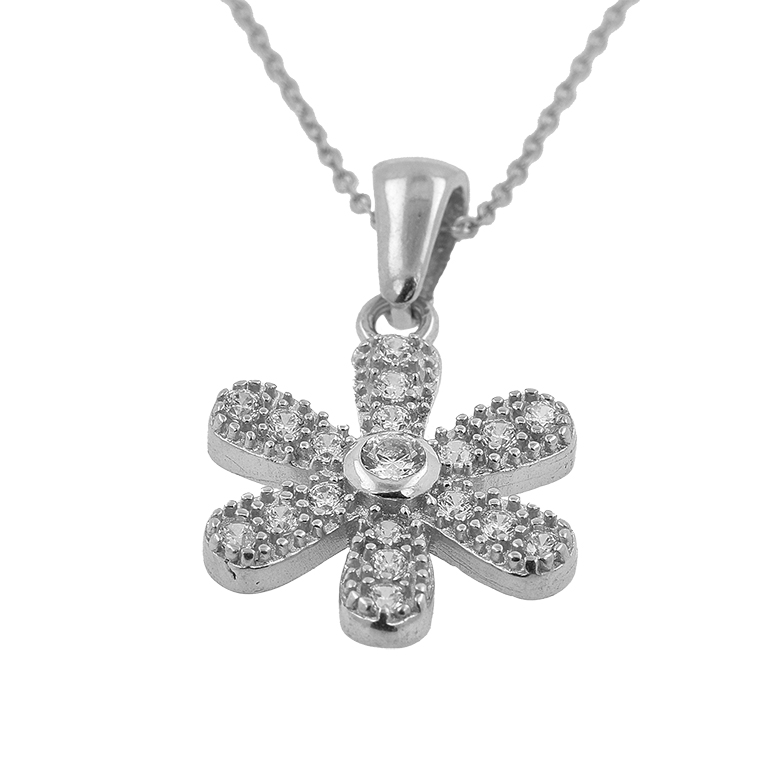 Silver Chain with Flower Pendant and Zirconium