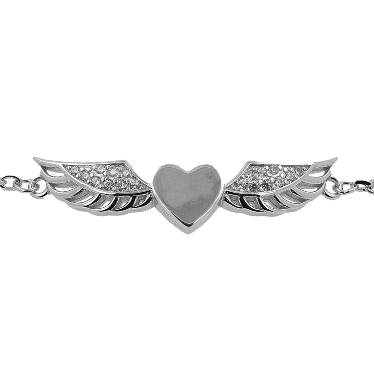 Silver Heart Bracelet with Wings and Zirconium