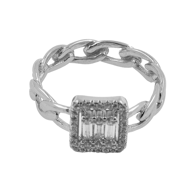 Ring in Silver with Cubic Zirconia Stone Inserts in the Shape of a Square and Also a Wonderful Setting in the Shape of a Chain