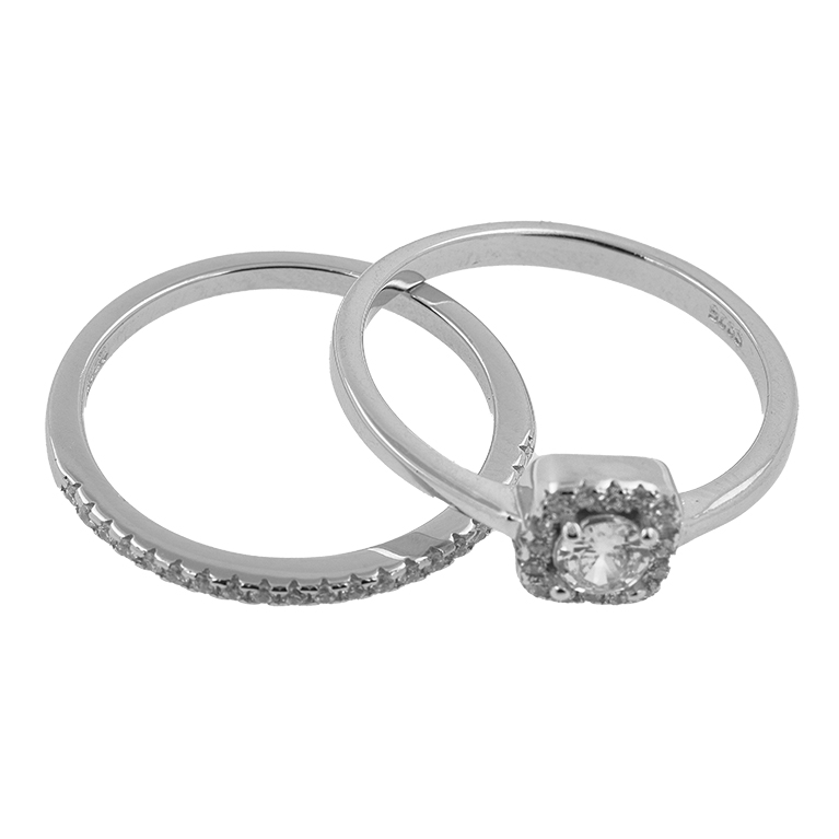 Double Ring in Sterling Silver with Cubic Zirconia Stone and Many Small