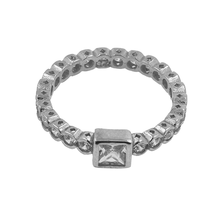 Ring in Silver with a Large Cubic Zirconia Stone Insert in the Shape of a Square and a Beautiful Setting in which the Stones are Mounted