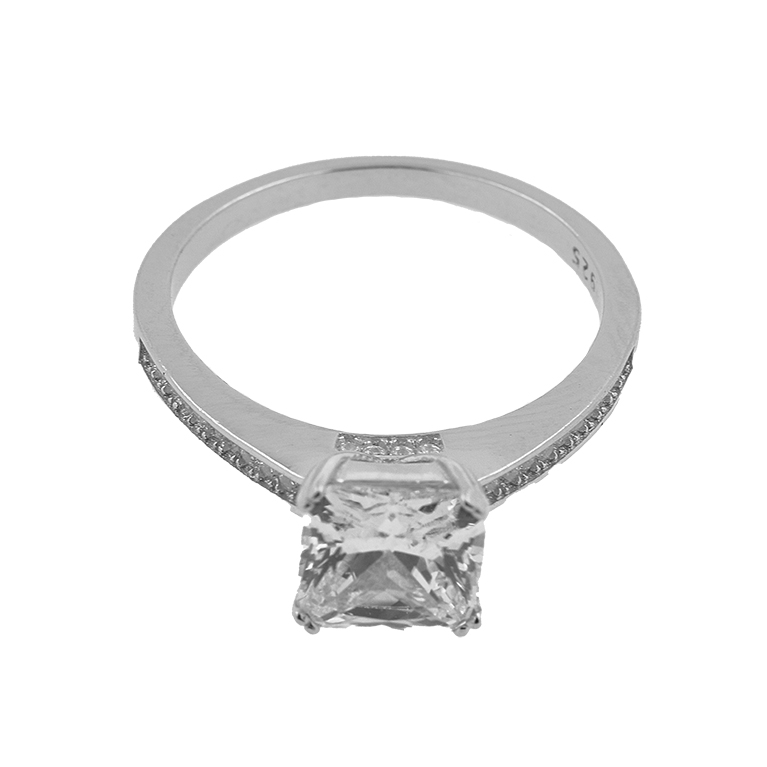 Ring of Silver with Cubic Zirconia Stone Insert in the Shape of a Square and Also Lots of Small Gorgeous Stones on the Bezel
