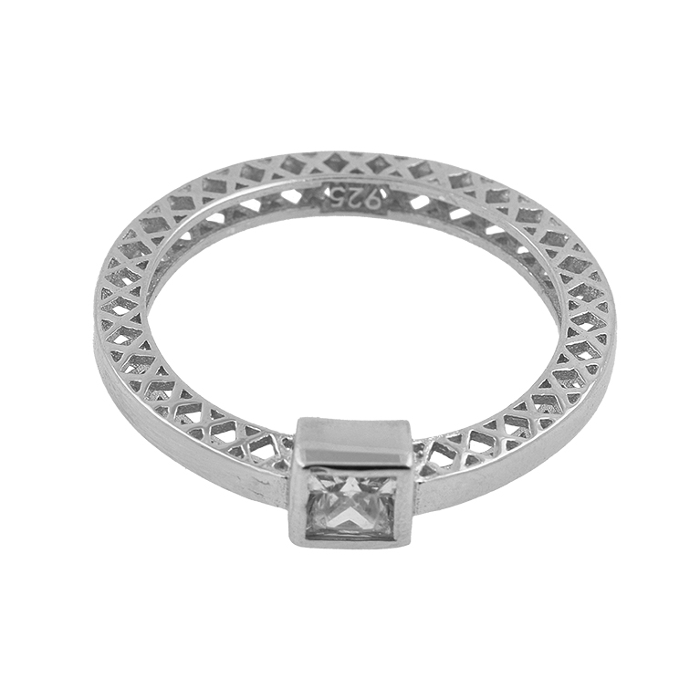 Ring in Silver with a Large Square Cubic Zirconia Stone and a Beautiful Carved Bezel in Her Fashion