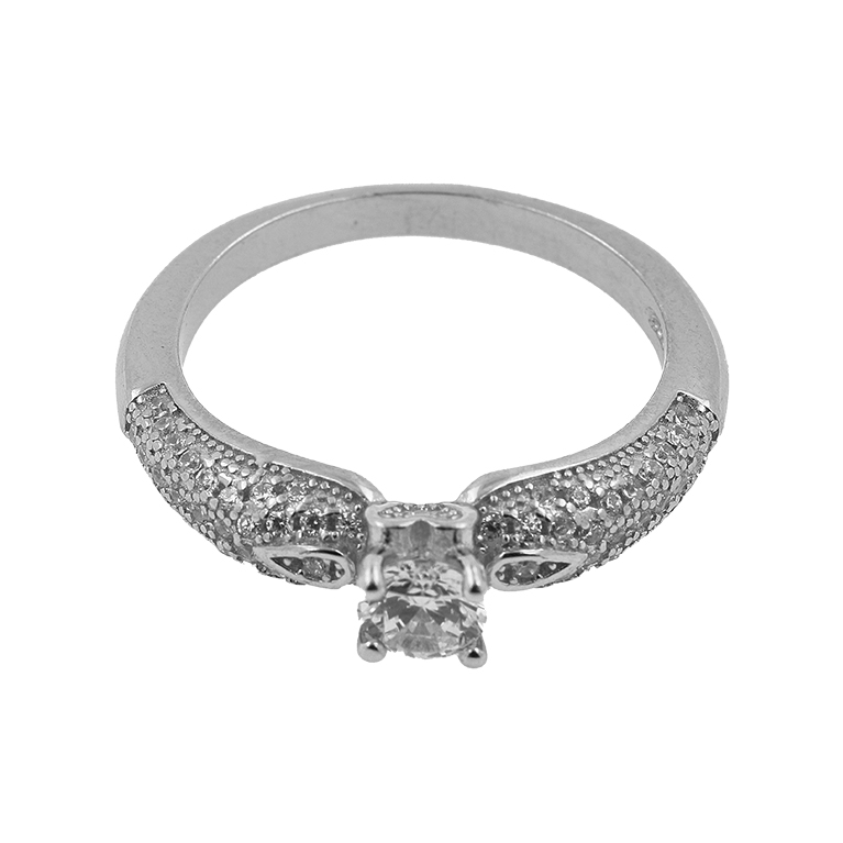 Ring in Silver with a Large Cubic Zirconia Stone Insert in the Shape of a Square and Many Small Stones on the Bezel