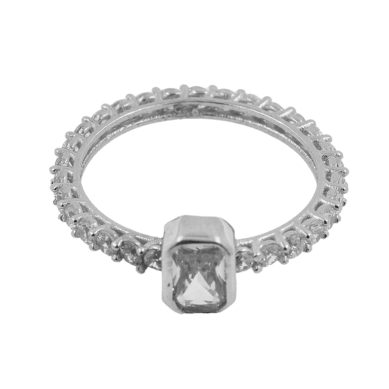 Silver Ring with Cubic Zirconia Stone Insert in the Shape of a Rectangle and Small Stones in the Setting