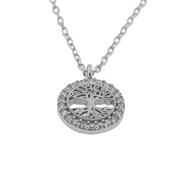Silver Chain with Pendant Family Tree and Zirconium