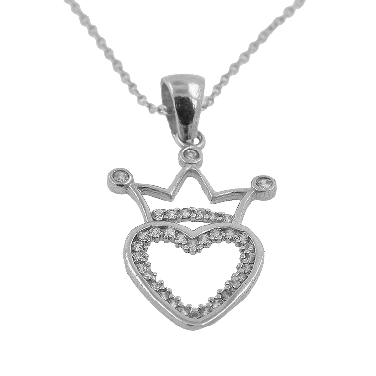 Silver Chain with Pendant Heart with Crown and Zirconium