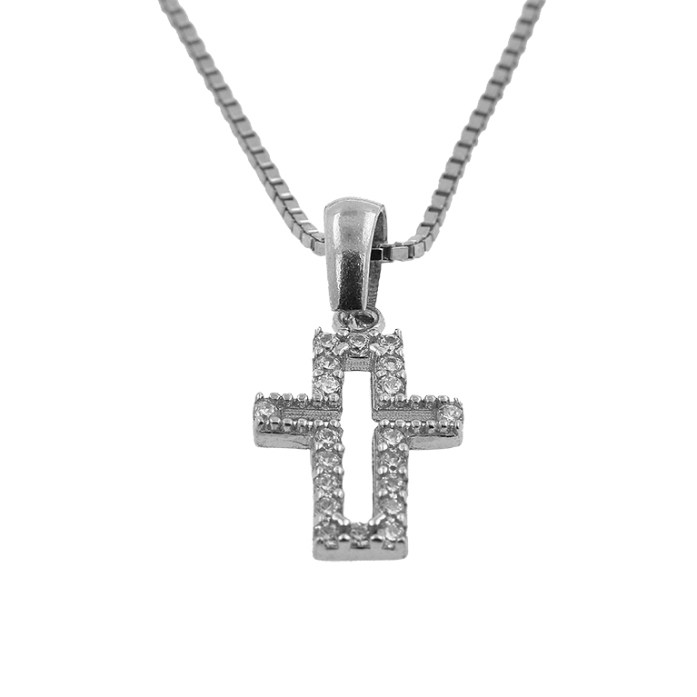 Silver Chain with Cross Pendant and Zirconium