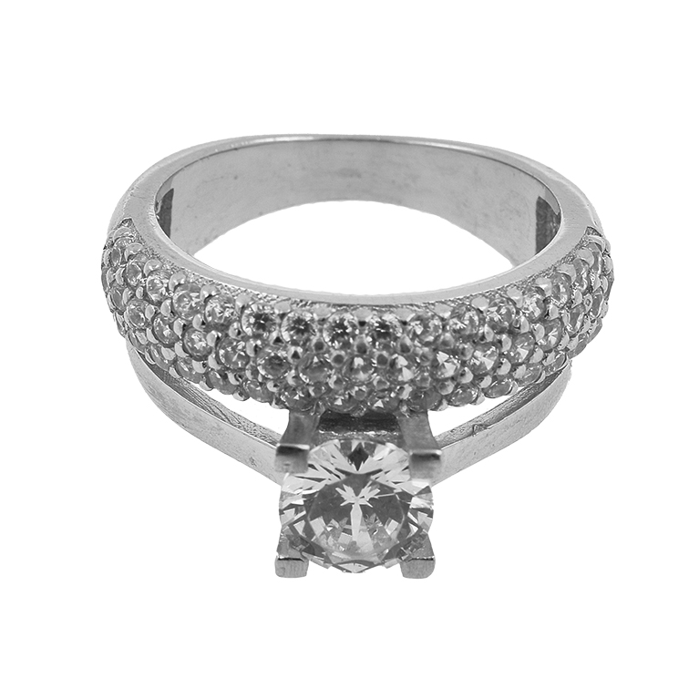 Double Silver Ring with Cubic Zirconia and Rhinestones on Bezel