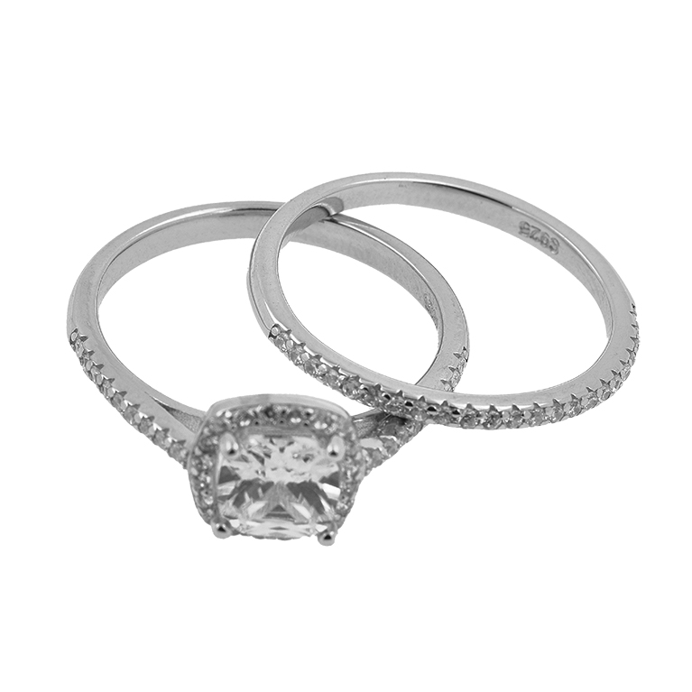 Double Ring in Silver with a Large Cubic Zirconia Stone Inserted in the Shape of a Square and Many Small Stones Around It