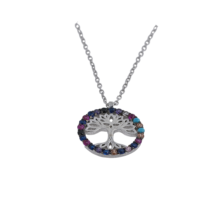 Silver Chain with Pendant Family Tree and Zirconium