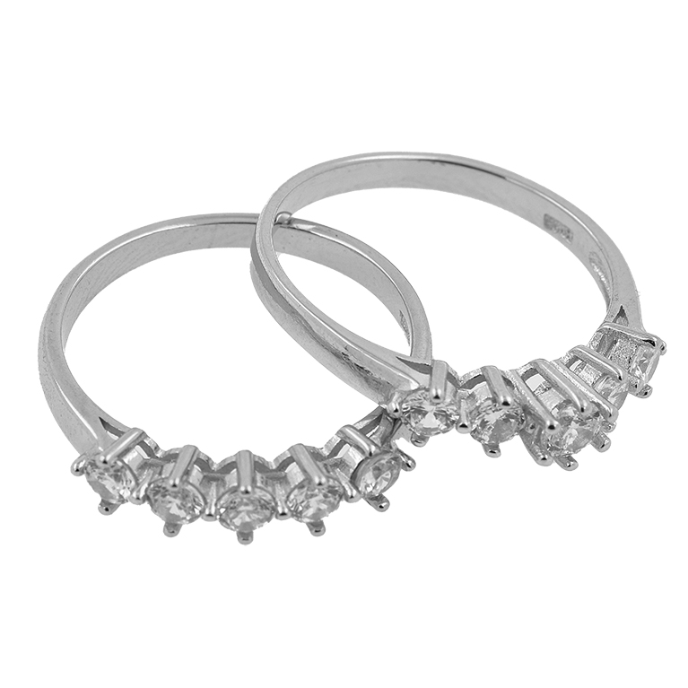 Double Ring in Silver with Cubic Zirconia Stone Inserts in the Shape of a Rhombus