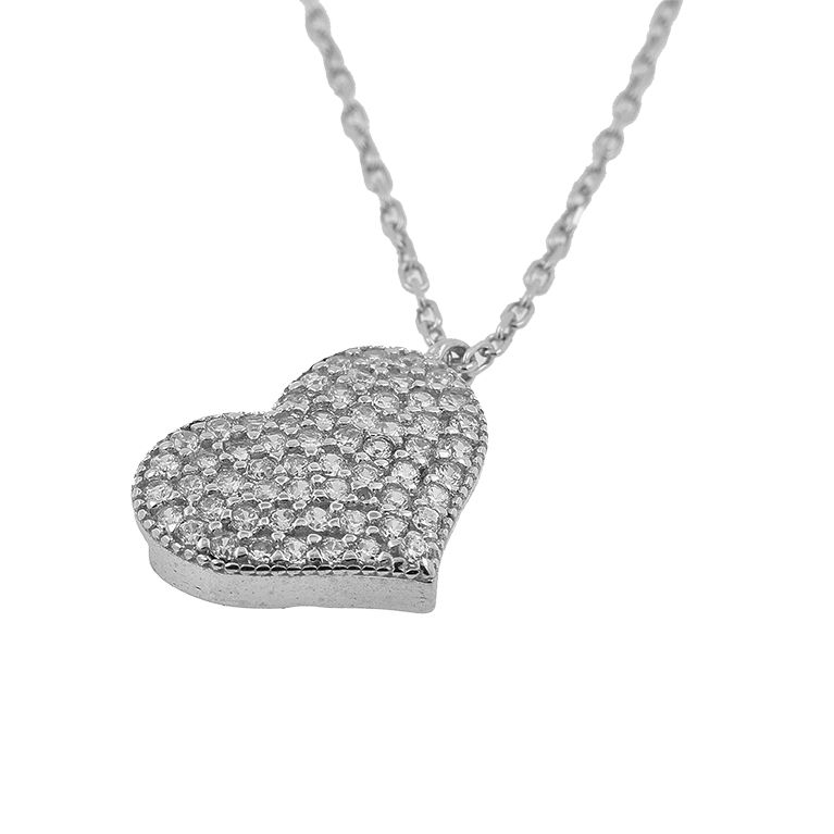 Silver Chain with Heart Pendant and Zirconium