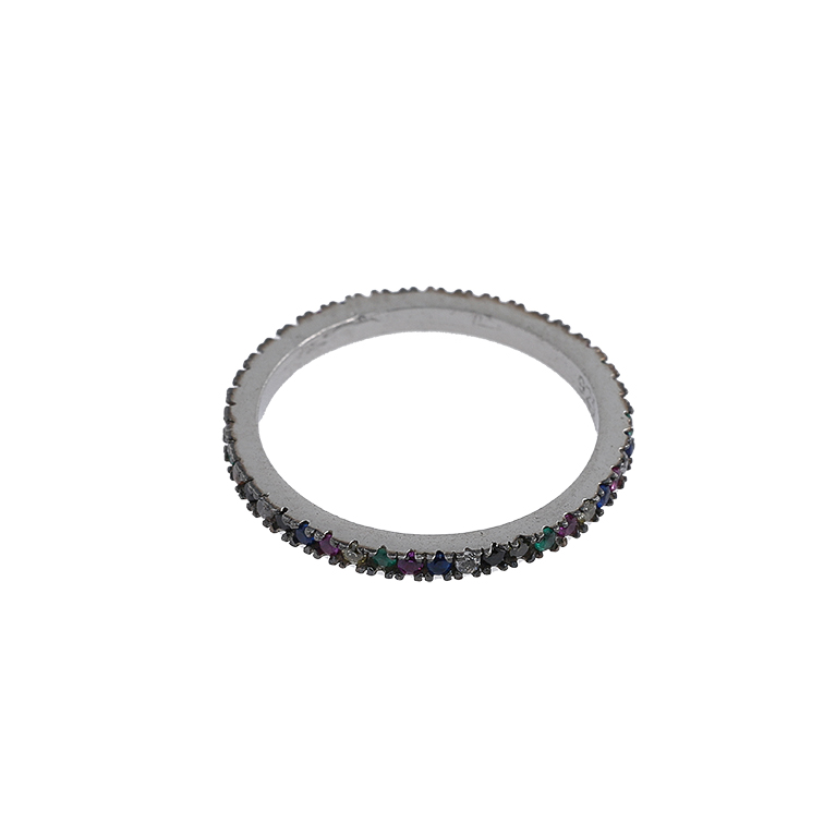 Silver Ring with Colored Zirconia Stone Inserts Along the Bezel