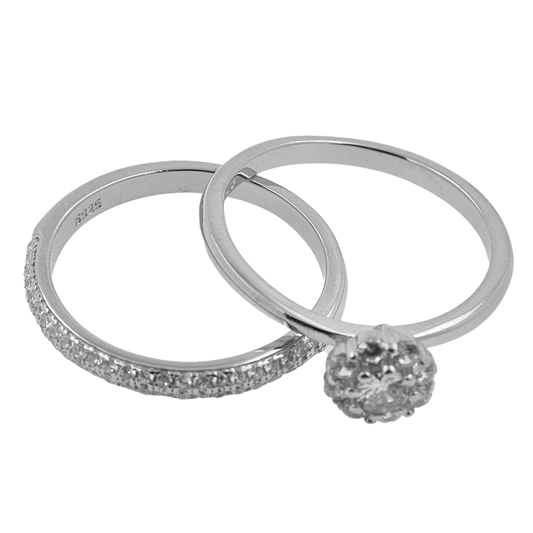 Double Ring In Silver with Flower Insert and Small Cubic Zirconia Stones in the Shape of Circles