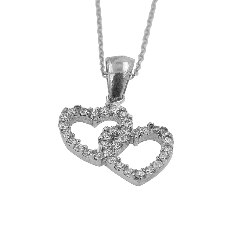 Silver Chain with Two Hearts Pendant and Zirconium