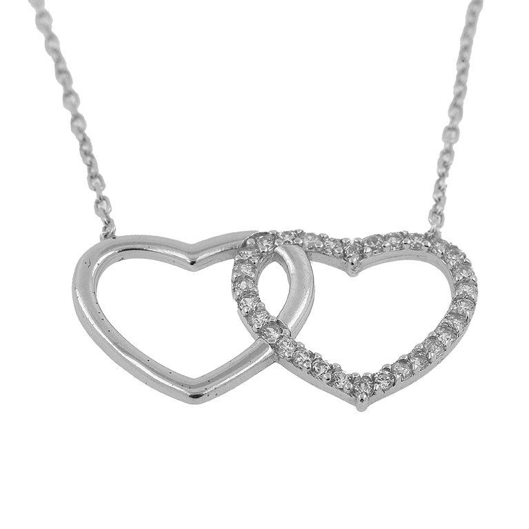 Silver Chain with Two Hearts Pendant and Zirconium