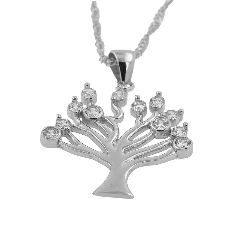 Silver Chain with Pendant Family Tree and Zirconium