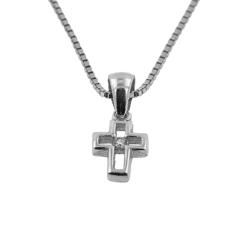 Silver Chain with Cross Pendant and Zirconium