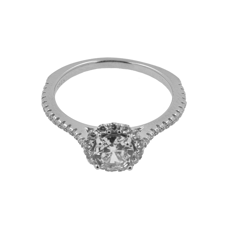 Silver Ring with a Large Cubic Zirconia Stone Insert in the Shape of a Circle and Also Many Small Stones in the Circle Shape and on the Bezel