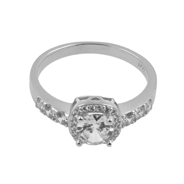 Ring of Silver with a Large Cubic Zirconia Stone Inserted in the Shape of a Square and Many Small Stones Around It and on the Bezel