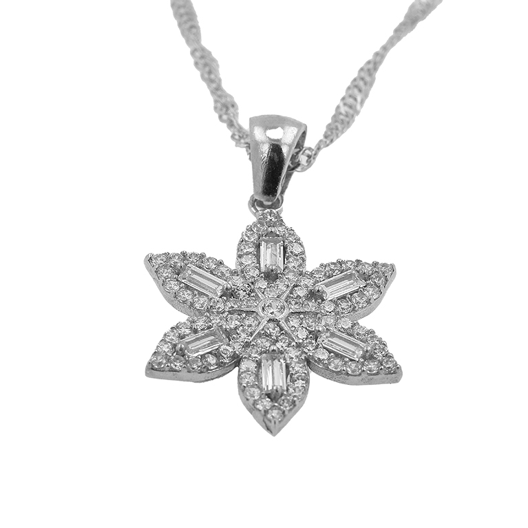 Silver Chain with Flower Pendant and Zirconium