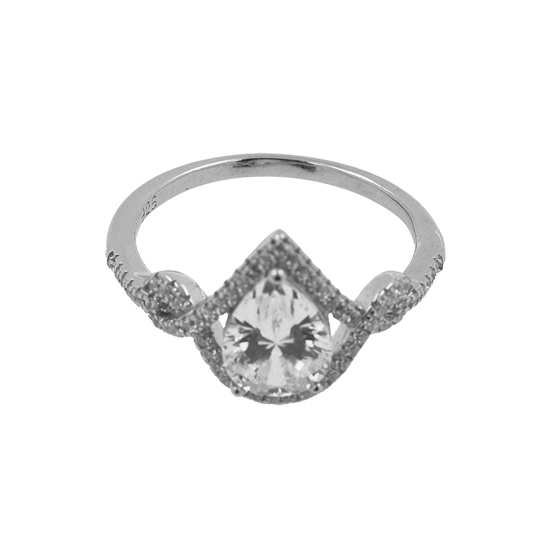 Silver Ring with a Large Zirconia Stone in the Shape of a Drop