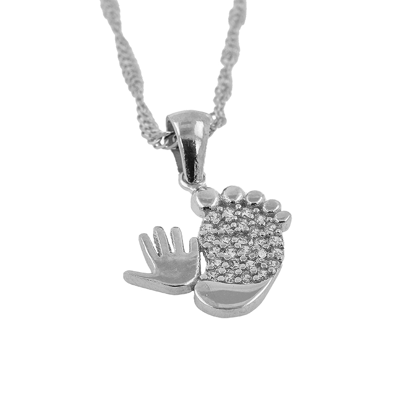 Silver Chain with Foot Pendant with Hand and Zirconium
