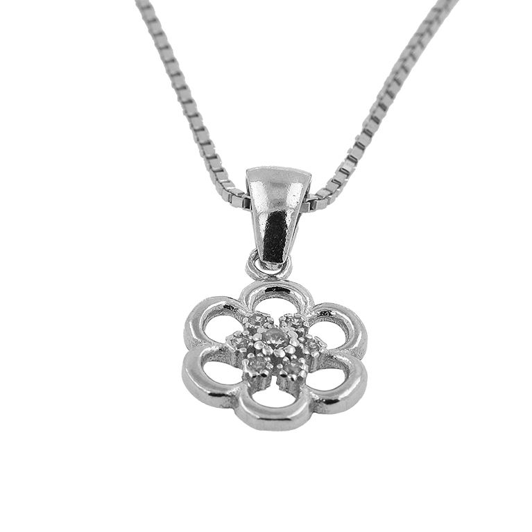 Silver Chain with Flower Pendant and Zirconium