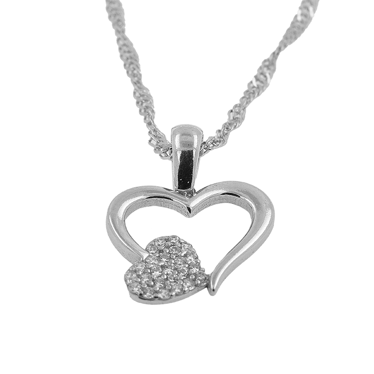 Silver Chain with Heart Pendant and Zirconium