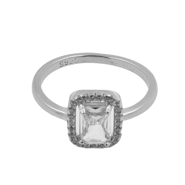 Silver Ring with a Large Cubic Zirconia Stone Insert in the Shape of a Square and Many Small Stones Around It