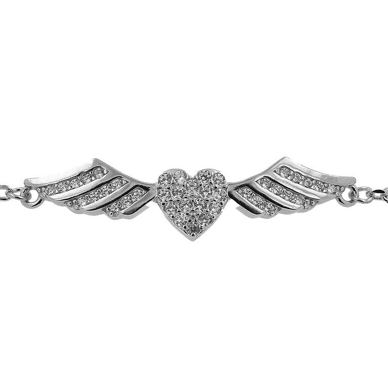 Silver Heart Bracelet with Wings and Zirconium