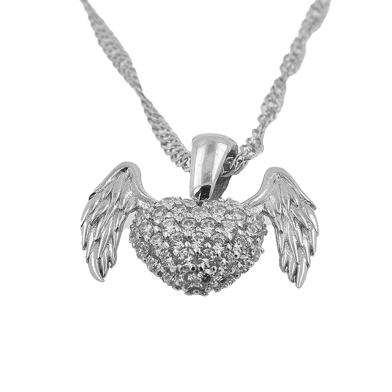 Silver Chain with Pendant Heart with Wings and Zirconia