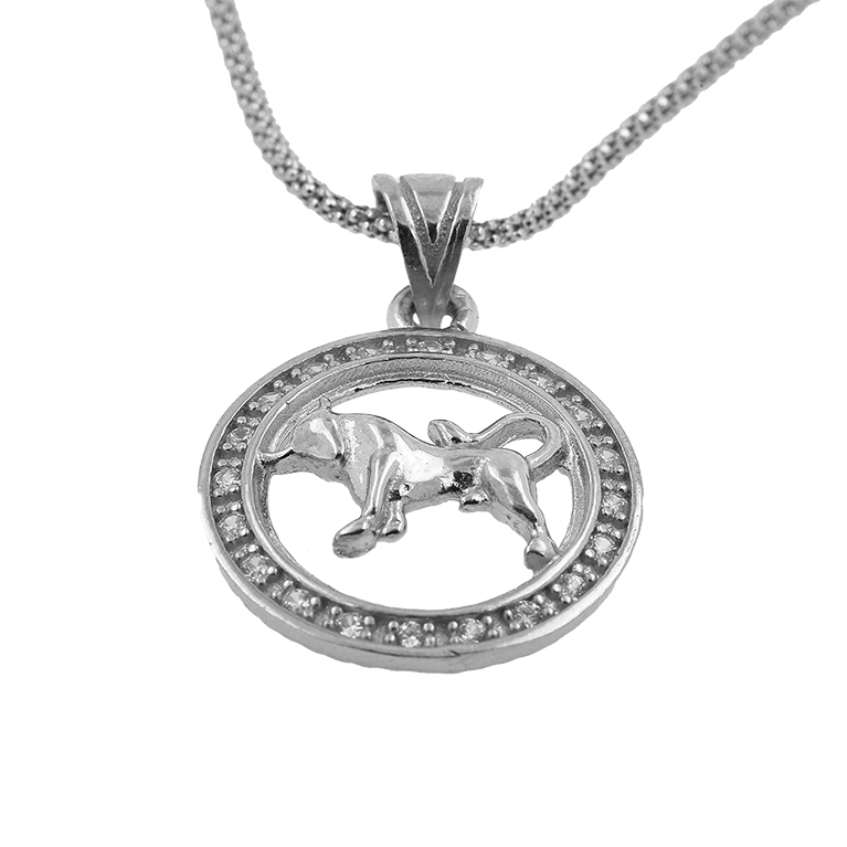 Silver Chain with Bull Pendant and Zirconium