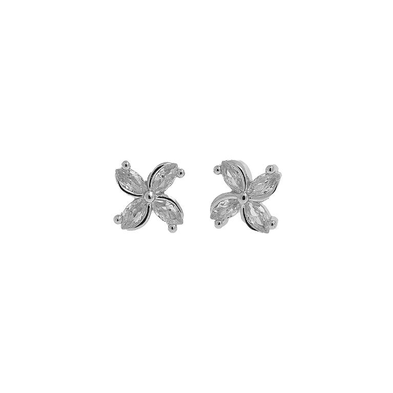 Silver Earrings Flower with Zirconium