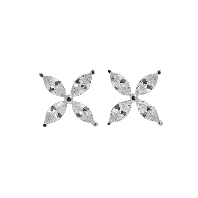 Silver Earrings Flower with Zirconium