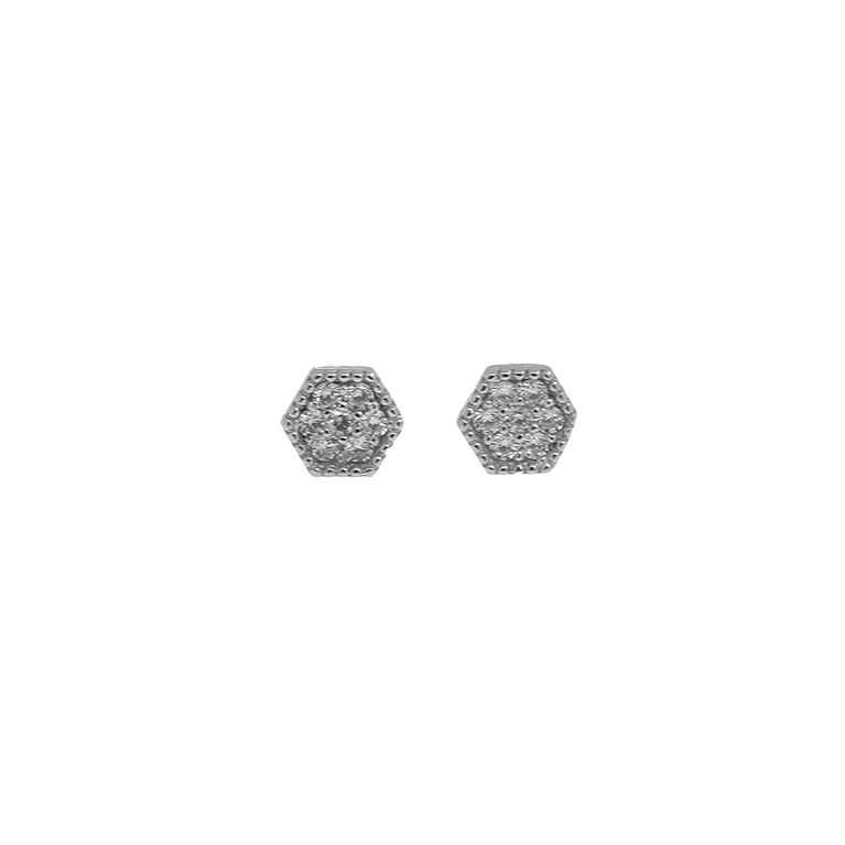 Silver Earrings Hexagon with Zirconium
