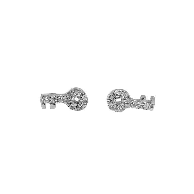 Silver Earrings Keys with Zirconium