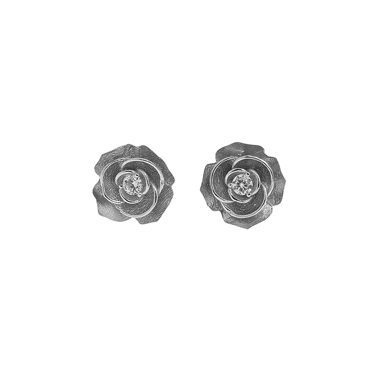 Silver Earrings Flower with Zirconium