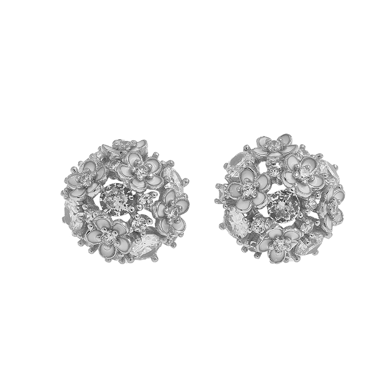 Silver Earrings Flower with Zirconium