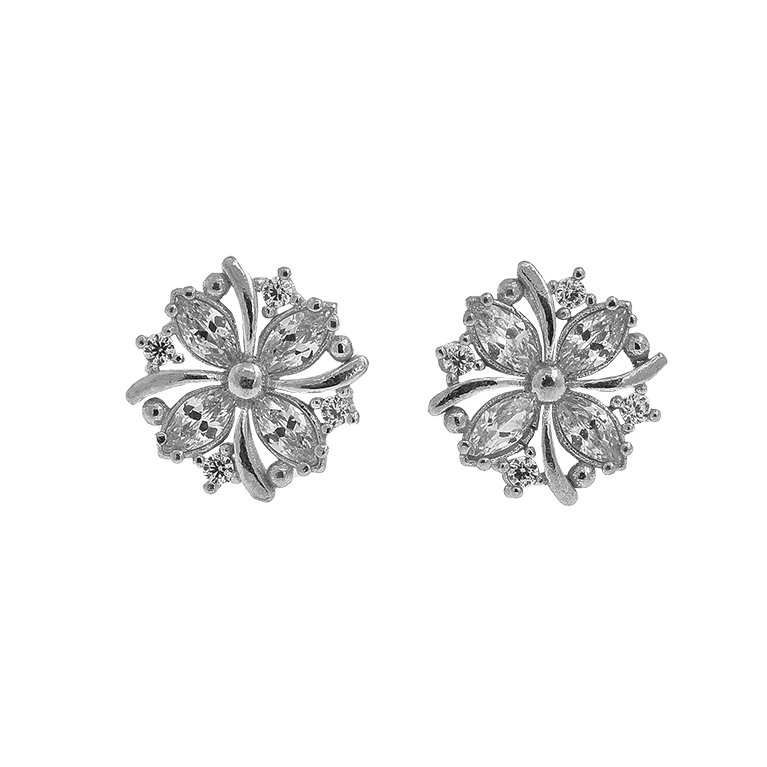 Silver Earrings Flower with Zirconium