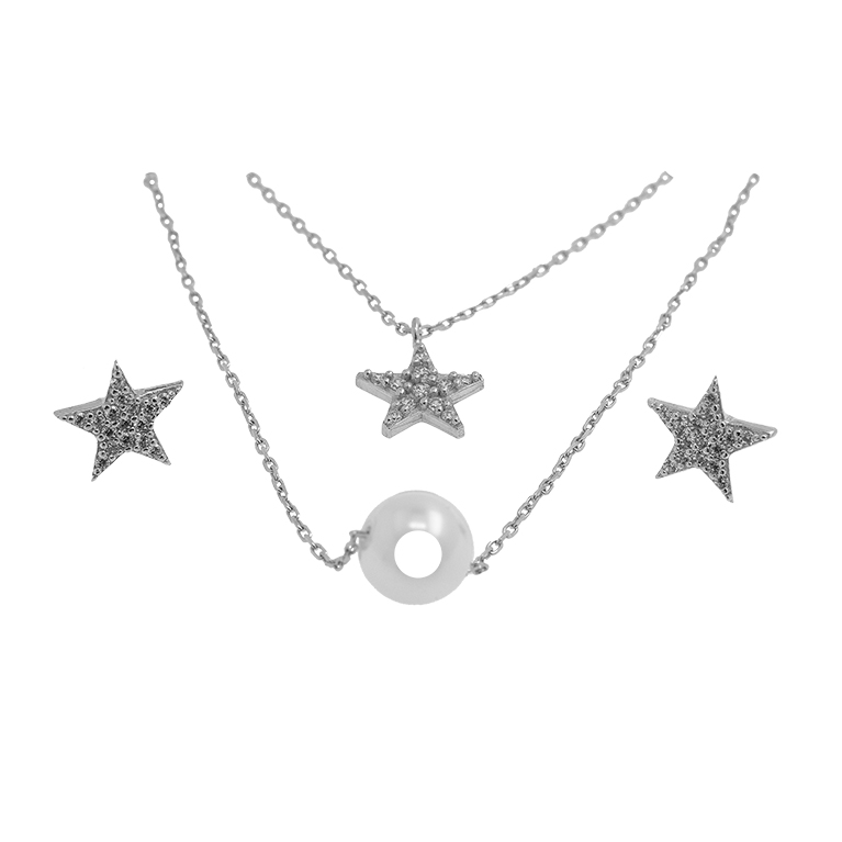 Silver Necklace with Pendant and Earrings with Zirconia