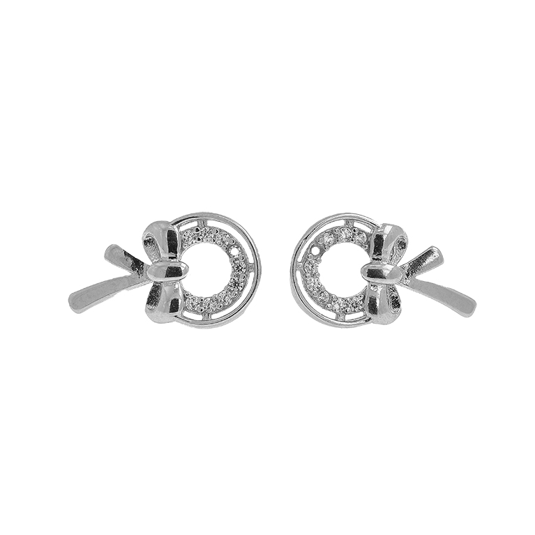 Silver Circle Earrings with Bow and Zirconium